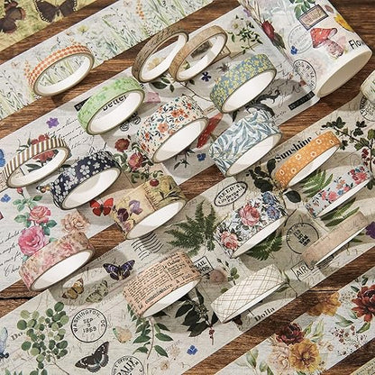 24 Rolls Vintage Washi Tape Set, Floral Letter Butterfly Mushroom Botanical Flower Writable Decorative Tapes for Scrapbooking , Junk Journal supplies, Bullet Journaling 5-75mm Wide 9.84ft long/Roll