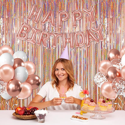 Foil Fringe Curtains Party Decorations - Melsan 3 Pack 3.2 x 8.2 ft Tinsel Curtain Party Photo Backdrop for Birthday Party Baby Shower Rose Gold