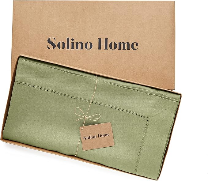 Solino Home Linen Moss Green Tablecloth 60 x 108 Inch - Classic Hemstitch, 100% Pure Linen Rectangular Tablecloth - Machine Washable Table Cloth for Fall, Autumn, Thanksgiving