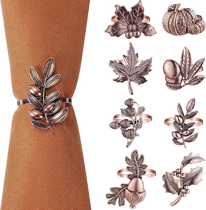 Remerry 8 Pcs Thanksgiving Napkin Ring Harvest Fall Leaf Pumpkin Holders Retro Alloy Metal Napkin Ring Buckle for Thanksgiving Wedding Table Supplies(Fruit and Vegetable)