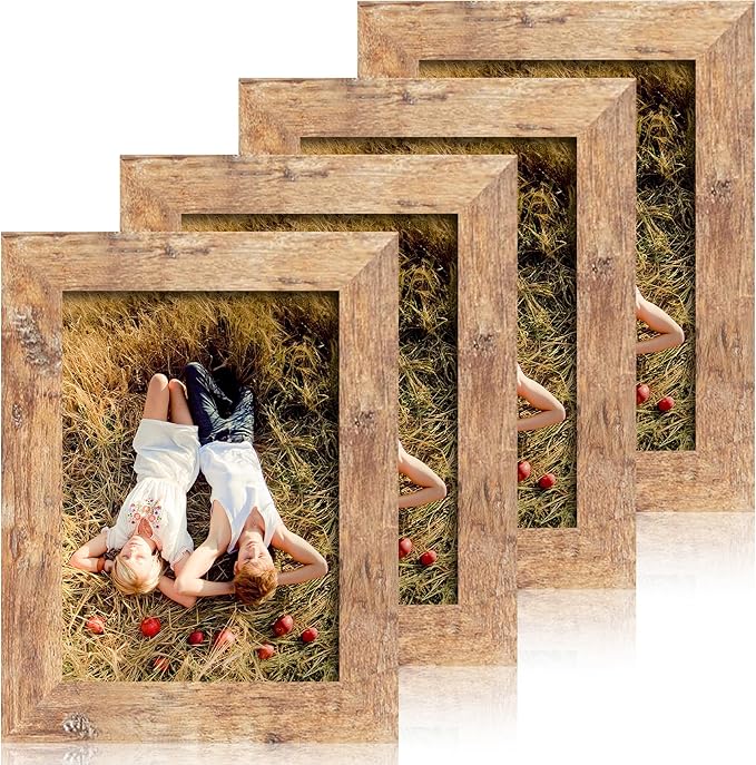 5x7 Picture Frame Set of 4, High Definition Real Glass Rustic Brown Frame, 5 x 7 Wood Photo Frames for Tabletop Display and Wall Mounting