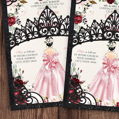 50Pcs Pink Crown Invitations for Quinceanera, 15 year, Sweet 16, Miss XV, Birthday Laser Cut Quince Invitation Cards Personalized Pearlized Black