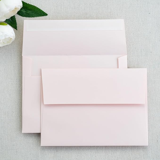 PONATIA 50 PCS 5x7 Envelopes, Blush Pink Self- Adhesive A7 Envelopes for Weddings, Invitation Cards, Photos, Postcards, Greeting Cards Mailing, Baby Shower, Graduation, Christmas Gift Cards