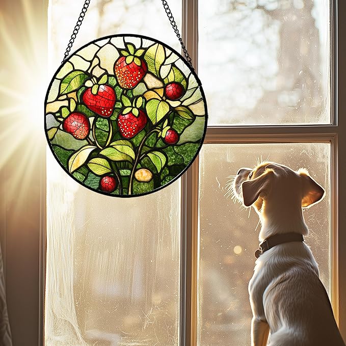 Stained Glass Window Hanging - Red Strawberry Suncatcher for Doors Window Home Green Plant Sun Catchers Decor Christmas Mother's Day Birthday Gifts for Teacher Women Men Mom Nana 7.8 in