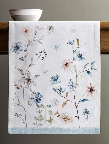 Maison d' Hermine Table Runner 100% Cotton Single Layer Table Runners 36 inches Long for Thanksgiving Christmas Decorations Home Kitchen Dining Party Wedding (Ice Florals, 14.5" x 36")