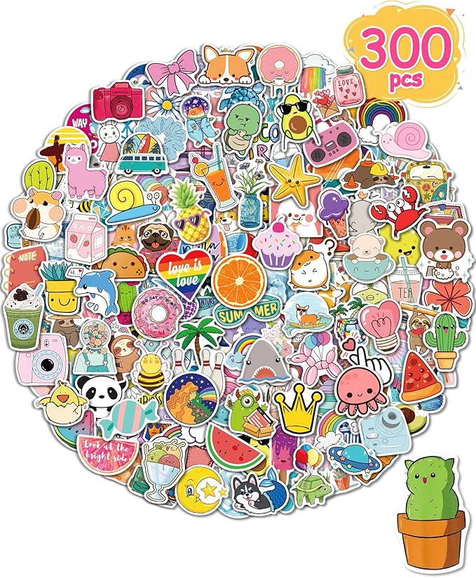 Sticker for Water Bottles, 300 Pcs/Pack Cute Vinyl Waterproof Vsco Laptop Stickers for School Students Gifts Classroom Teachers Prizes Stickers for Kids Teens Girls