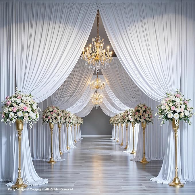 PartyVillage 50ft×15ft White Backdrop Curtain for Wedding Parties, 10 Panels Wrinkle Free 15 FT Long Polyester Photo Backdrop Drapes Back Drop Cloth for Birthday Photography Background