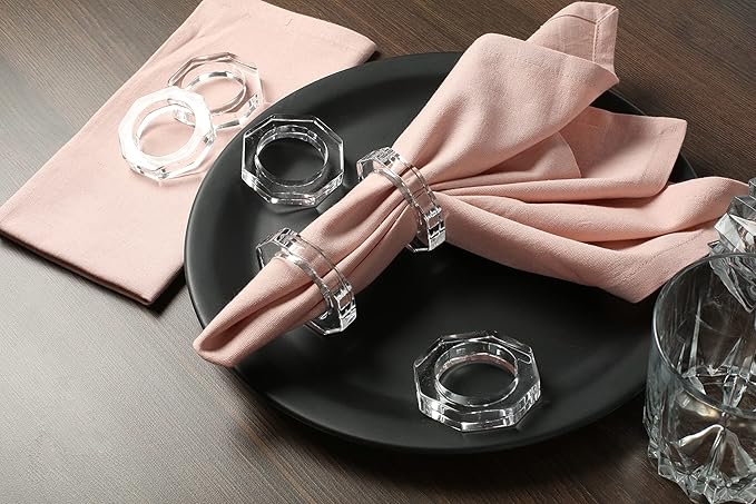 Acrylic Napkin Rings Set of 8 - Octagon Transparent Design for Christmas, Thanksgiving, Holiday Table Decor - Durable Crystal Napkin Holders for Dinner Parties & Everyday Use (Opaque) - CLEENTABLE