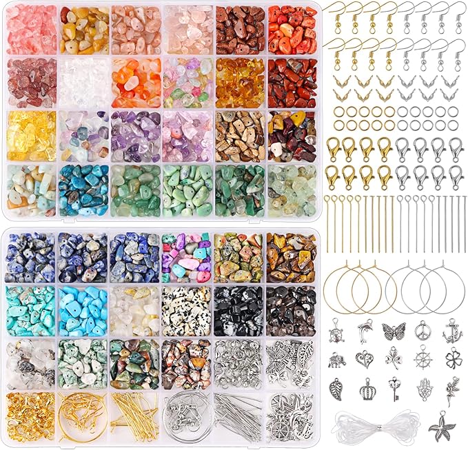 QUEFE 720pcs Crystal Chips Beads Ring Making Kit, 40 Colors Crystal Chips and Gemstone Beads for Jewelry Making Crystal Beads for Ring, Bracelets Earring Making Supplies, Craft Gifts