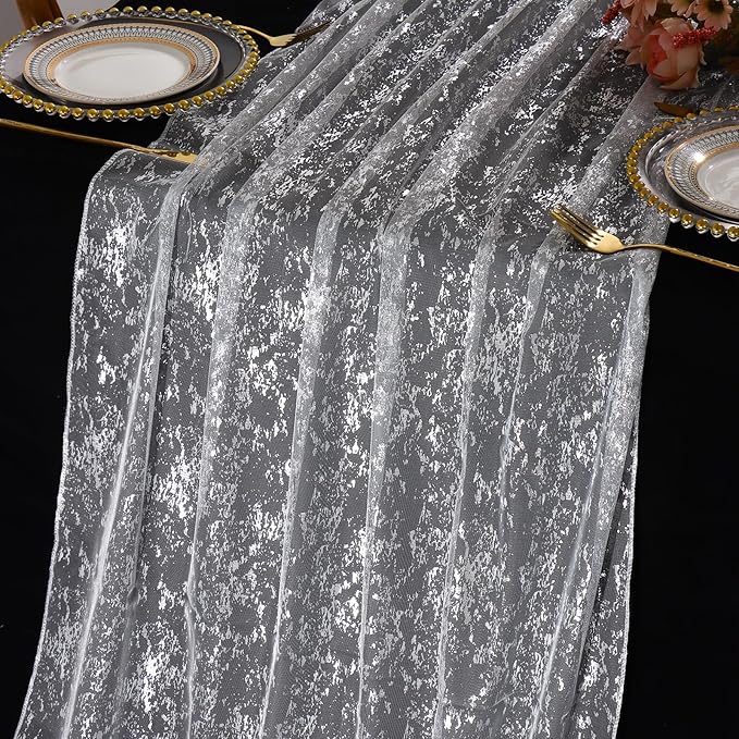LOMOHOO 10 Ft Silver Table Runner, Silver Sheer Sequin Table Runners 120 Inches Long Glitter Metallic Foil Lace Fabric Table Decor for Birthday Party Wedding Anniversary Centerpiece (3pcs)