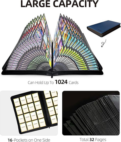 16 Pockets Premium Card Binder 1024 Cards Trading Card Binders Side Load Card Storage Display Album(16 Pocket 1024 Card Slot,Blue)