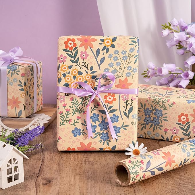 RUSPEPA Kraft Floral Wrapping Paper Roll for Girls Women, Mini Roll, Garden Flower Design, Wildflower Kraft Gift Wrap for Birthday, Spring, Summer, Mother's Day, Bridal Shower, 17 Inches x 9.8 Feet