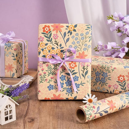 RUSPEPA Kraft Floral Wrapping Paper Roll for Girls Women, Mini Roll, Garden Flower Design, Wildflower Kraft Gift Wrap for Birthday, Spring, Summer, Mother's Day, Bridal Shower, 17 Inches x 9.8 Feet