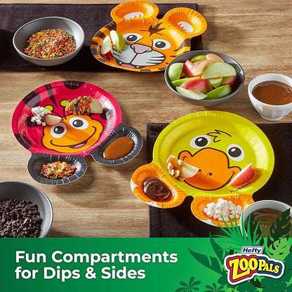 Hefty Zoo Pals Party Edition Paper Plates for Kids, Assorted Animal Designs, 7.75 Inches with Two Dipping Compartments, Multi-Color, 20 Count