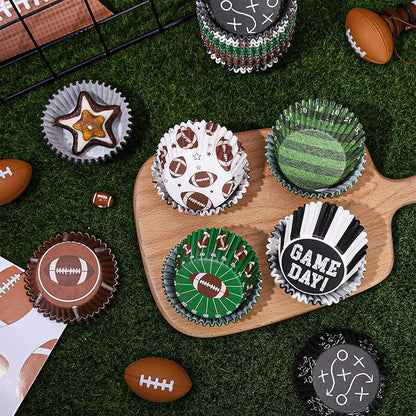 Whaline 600Pcs Football Cupcake Liners 6 Styles Rugby Cupcake Wrappers Baking Cups Holders Sports Theme Muffin Baking Liners for Birthday Party Holiday Party Post-match Celebration
