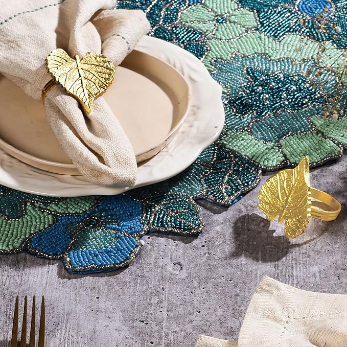 Elegant Handcrafted Leaf Napkin Rings - Set of 12 Premium Aluminum Holders for Dinner Parties, Weddings, Special Occasions & Everyday Dining (Gold) - CLEENTABLE