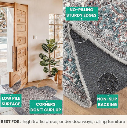 Bloom Rugs Washable Non-Slip 7 ft Runner - Teal/Blue/Beige Traditional Oriental Runner for Entryway, Hallway, Bathroom, and Kitchen - Exact Size: 2.5' x 7'