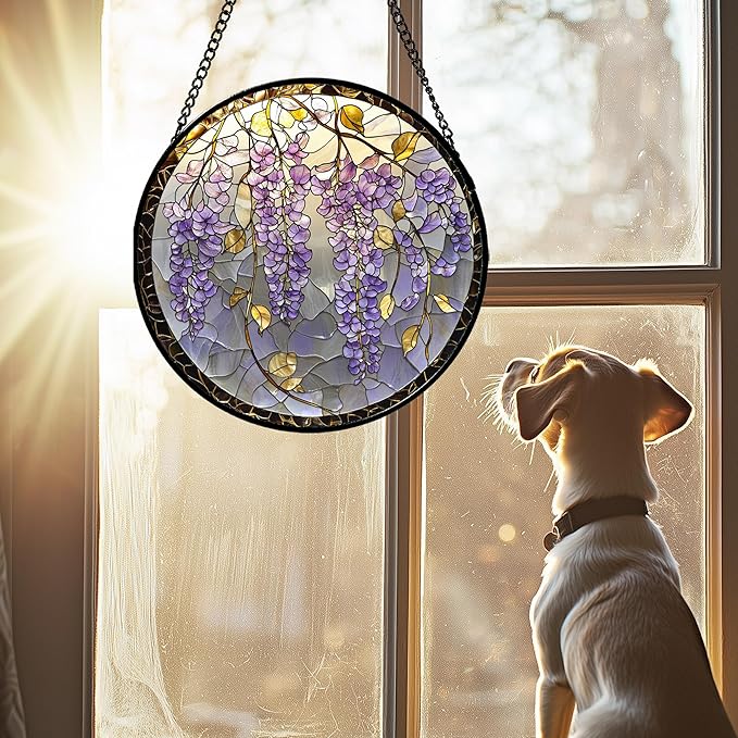 Stained Glass Window Hanging - Wisteria Flower Golden Leaves Sun Catcher for Door Home Decor Plant Suncatcher Christmas Mother's Day Birthday Gifts for Women Men Lovers Mom Nana 6.3 in