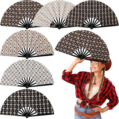 Thyle 6 Pcs Large Folding Fan for Line Dancing Bulk Boots on The Ground Hand Fan Black Popping Clapping Party Favors Decoration Gift for EDM Festival Club Summer(Western Cowboy)