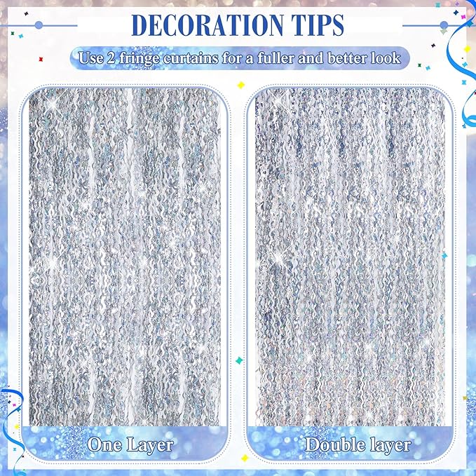 Jutom 6 Pieces 3.3 x 6.6 ft Wavy Tinsel Foil Fringe Curtains Foil Fringe Streamer Backdrop Party Curtain for Sea Mermaid Baby Shower Birthday Party Decoration(Silver)