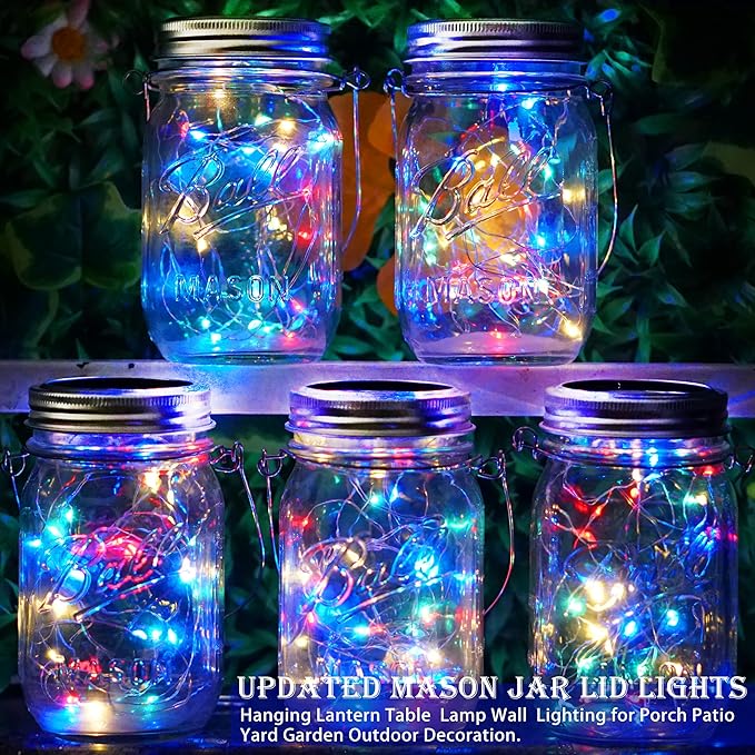 SunKite Solar Mason Jar Lights [Updated], 8 Pack 20 LED Waterproof Fairy Firefly Jar Lids String Lights with Hangers(NO Jars), Patio Yard Garden Wedding Decoration(Multi-Colored)