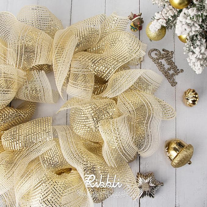 Ribbli 2 Rolls Champagne Gold Metallic Mesh Ribbon Champagne Gold Deluxe Foil Christmas Ribbon for Christmas Tree Wreath Swags Wedding Garland 10 inch x 30 feet(10Yard) Per Roll