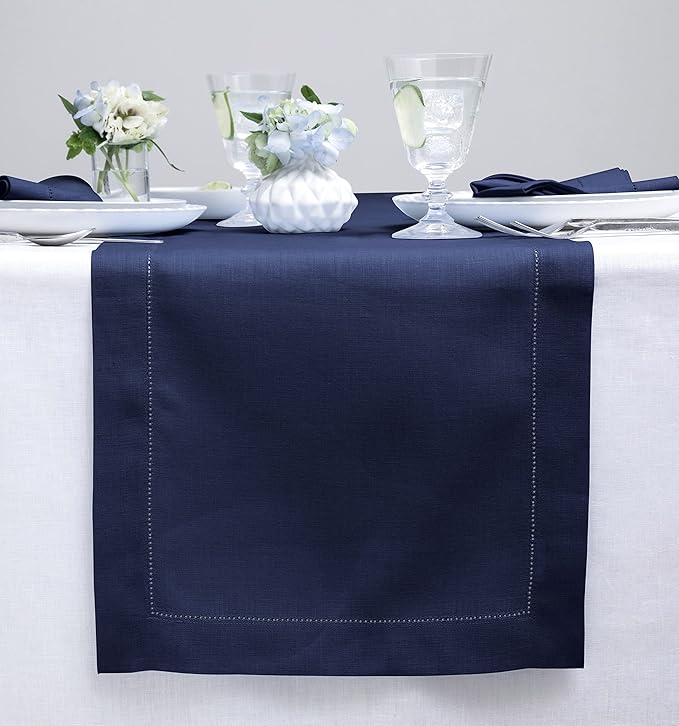 Solino Home Linen Navy Blue Table Runner 144 Inches Long - 100% Pure Linen Extra Long Table Runner 14 x 144 Inch for Fall, Autumn, Thanksgiving, Christmas - Classic Hemstitch