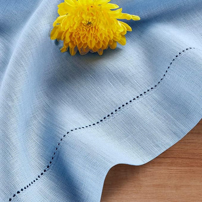 Solino Home Linen Cornflower Blue Table Runner 90 Inches Long - 100% Pure Linen Hemstitch 14 x 90 Inch Table Runner for Dining, Christmas, Holiday - Classic Hemstitch