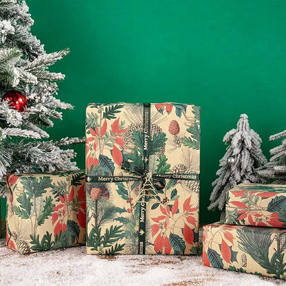 RUSPEPA Kraft Christmas Wrapping Paper Roll, Mini Roll, Watercolor Winter Botanical Design with Pinecones, Holly and Poinsettia, Kraft Gift Wrap for Xmas Holiday, Winter Party, 17 Inches x 16.4 Feet