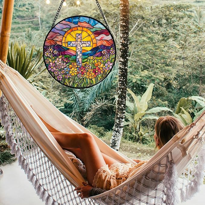 Stained Glass Window Hanging - Cross Flower Sea Sun Catcher for Door Terrace Garden Home Decor, Mountains Landscape Suncatcher Birthday Gifts for Lovers Women Men Dad Mom Nana 6.3 in