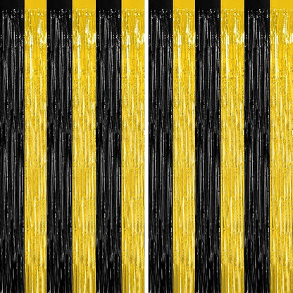 2 Pack Graduation Backdrop, 3.28 FT x 7.05 FT Black and Gold Foil Fringe Curtains, Metallic Foil Curtain Graduation Backdrop, Grad Party Supplies Black and Gold Party Decorations Class of 2025