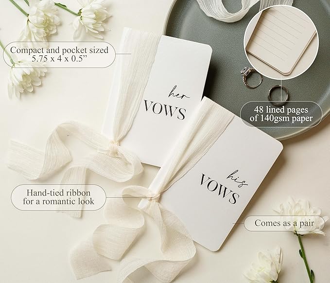 White Vow Books with Ribbons (Set of 2) - 5.625 x 4 Minimalist Pocket Sized Wedding Ceremony Vow Renewal Speech, Gift for Bride to Be & Newly Engaged Couple, 48 Lined Pages