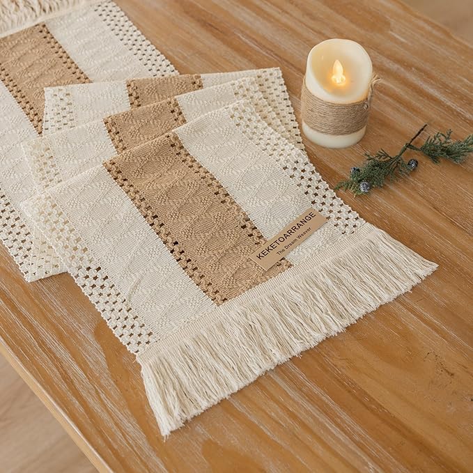 Boho Table Runner Cream Beige Brown for Home Decor 12x90 Inches Farmhouse Macrame Burlap Jute Rustic Dining Kitchen Centerpiece Bohemian Decor French Country Bridal Shower Decorations