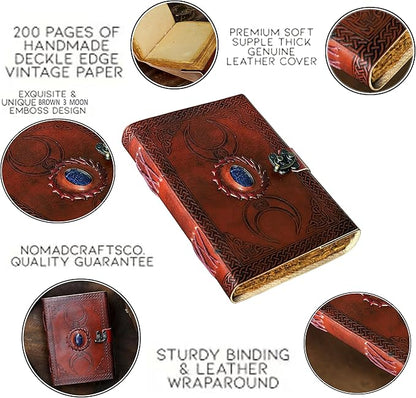 cuero 3 Moon Blue Lapiz Embossed Vintage Leather Journal for Men & Women - 128 Pages, Antique Handmade Deckle Edge Vintage Paper, Leather Journal Writing Notebook Dairy Gift (5 inch by 7 inch, Brown)