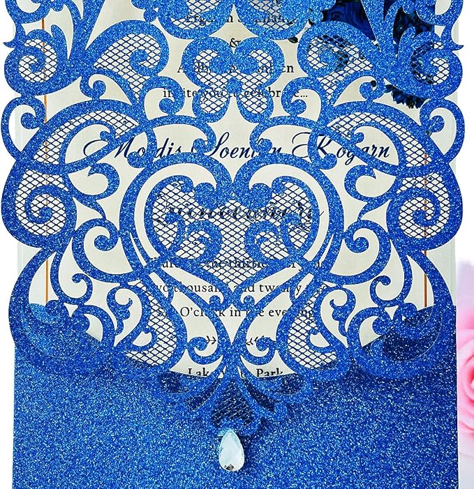 Hosmsua 50PCS Wedding Invitations Cards 5 x 7.3 Inch Laser Cut Hollow Rose Invitation with Rhinestone for Bridal Shower Engagement Quinceañera (Royal Blue Glitter)