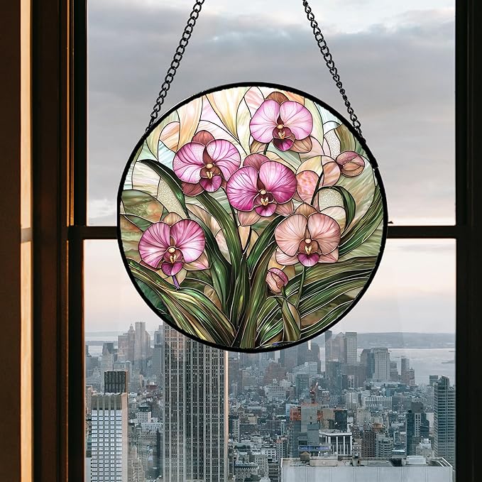 Stained Glass Window Hanging - Pink Phalaenopsis Orchid Green Leaves Sun Catcher for Door Home Decor Flower Suncatcher Christmas Mother's Day Birthday Gifts for Women Men Mom Nana 6.3 in