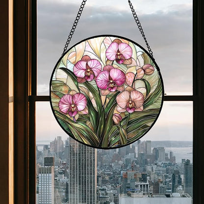 Stained Glass Window Hanging - Pink Phalaenopsis Orchid Green Leaves Sun Catcher for Door Home Decor Flower Suncatcher Christmas Mother's Day Birthday Gifts for Women Men Mom Nana 6.3 in
