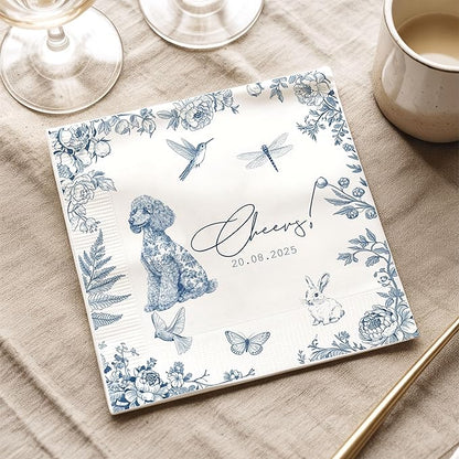 Luxury Personalized Dog Wedding Napkins, Custom Wedding Cocktail Napkin, Blue Floral Cocktail Napkins, Blue and White Flower Paper for Bridal, Engagement Party, Bridal Shower