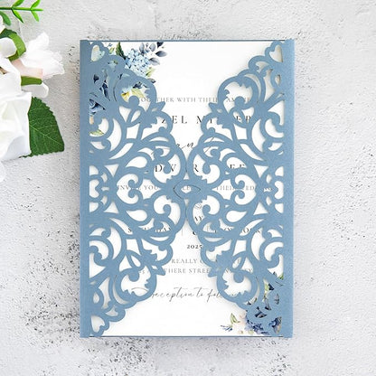20Pcs Dusty Blue Laser Cut Invitation Cards With Blank Inner Sheets for Wedding Cards Bridal Shower Engagement Quinceanera Invitation (No Envelopes)
