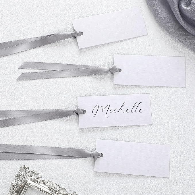 50 Pcs Name Place Cards for Table Setting Blank Wedding Place Cards with Satin Ribbon 1.57 x 3.54 Inch Hanging Gift Tags for Wedding Dinner Banquet Party Table Setting Supplies (Silver)
