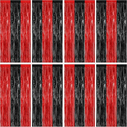 8 Pack Halloween Party Supplies, 3.28 FT x 7.05 FT Red and Black Foil Streamer, Metallic Fringe Curtains Tinsel Backdrop Party Streamer, Hanging Halloween Decorations Casino Party Decor