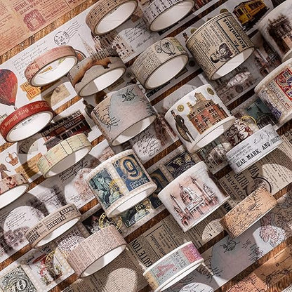 24 Rolls Vintage Washi Tape Set, Antique Car Buildings Map Stamp Stripe Writable Aesthetic Washy Decorative Tapes for Scrapbooking, Junk Journal Supplies, Bullet Journaling 5-75mm Wide (3m Long)/Roll