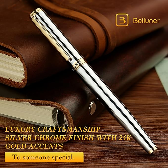 BEILUNER Silver Chrome Fountain Pen,Stunning Luxury with 24K Gold Accents, Gorgeous 24K Gilded Nib(Fine), Trustworthy Pen Gift for Men&Women -Ink Converter-Elegant, Graduation,Nice Pen for Writing
