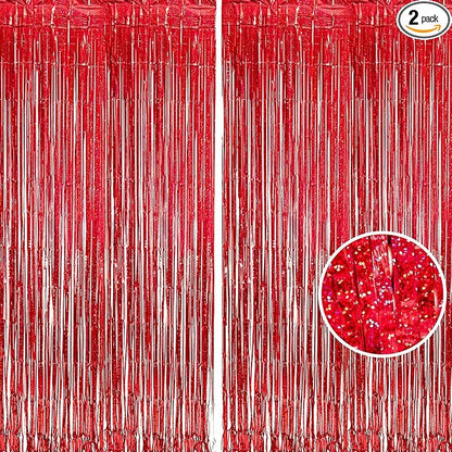 BRAVESHINE Red Tinsel Foil Fringe Curtains - 2Pcs 3.2x8.2ft Holidays Photo Booth Backdrop for Girl/Birthday/Valentine’s/Christmas/Bridal/Bachelorette/Anniversary/Engagement Party/Halloween Decorations
