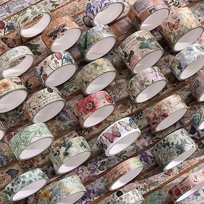 42 Rolls Vintage Washi Tape Set, Delicate Butterfly & Lush Floral Botanical Themed Writable Decorative Tapes with Retro Elements for Scrapbooking, Junk Journal Supplies, Bullet Journaling 5-25mm Wide
