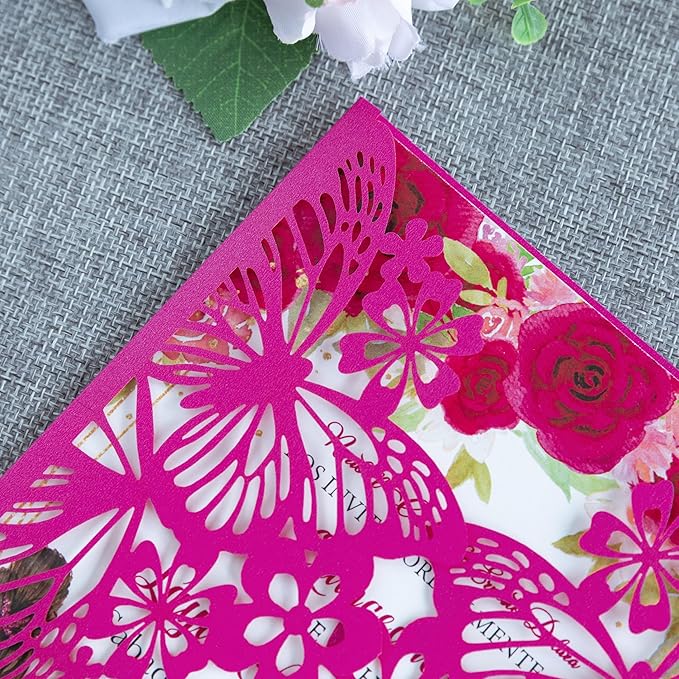 20 PCS 5.12x7.2 Butterfly Quinceanera Invitation, Laser Cut Wedding Invitation Cards with Envelopes for XV Anos Bridal Shower Baby Shower Invite (Fuchsia)