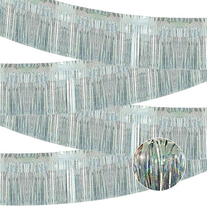4 Pack Each 10 Feet Glitter Silver Parade Float Decorations for Trailer Car, Glitter Foil Fringe Metallic Tinsel Streamers Banner Garland for Graduation Weeding Homecoming Birthday(Glitter-Silver)