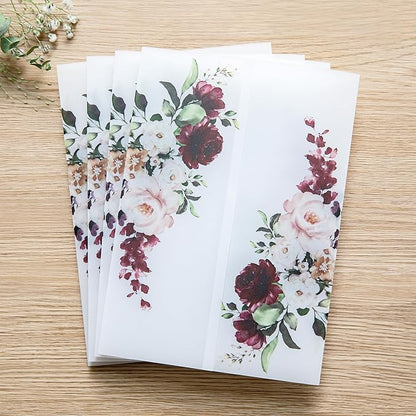 PONATIA 50 PCS Vellum Jackets for 5x7 Invitations- 135gsm Burgundy Floral Printed Vellum Sleeves, Quinceanera Wedding Invitation Cards Wraps