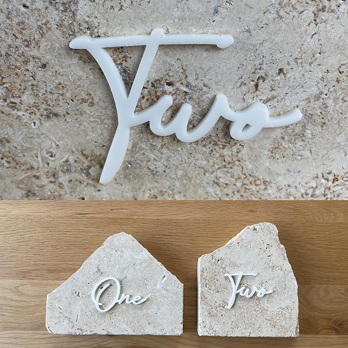 Cursive Wedding Table Number SET, DIY thin modern Black or White acrylic cutouts with silicone glue included. Words only, no backing (One - Five, Gloss White)