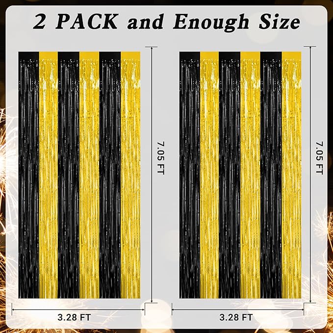 2 Pack Graduation Backdrop, 3.28 FT x 7.05 FT Black and Gold Foil Fringe Curtains, Metallic Foil Curtain Graduation Backdrop, Grad Party Supplies Black and Gold Party Decorations Class of 2025